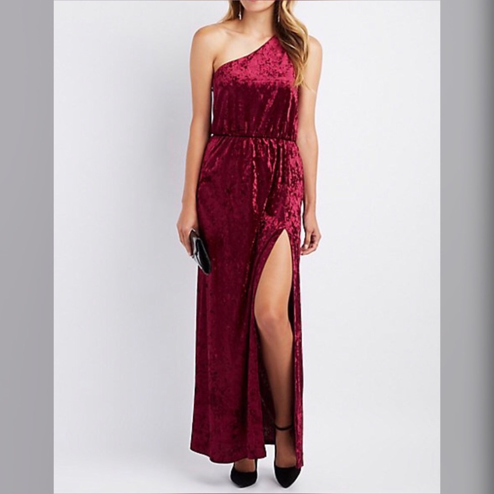 Crushed velvet one shoulder maxi dress